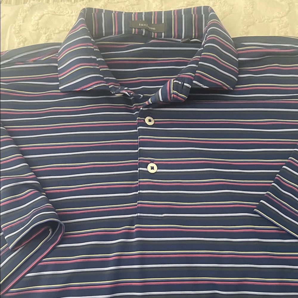 TuffRider Men's Navy Striped Polo with Pink & White Accents